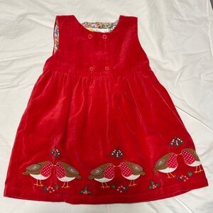 Baby Boden 12-18 month Red velvet Dress with Bird Embroidery